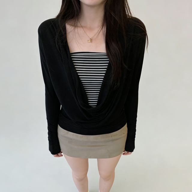 Asiris-Long-Sleeve Striped Panel Mock Two Piece T-Shirt