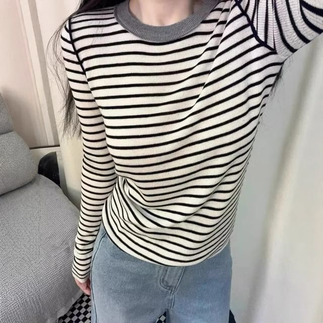 Asiris-Long Sleeve Striped Slim-Fit Knit Top