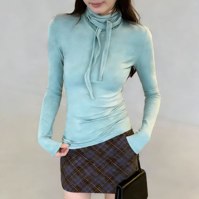 Asiris-Long-Sleeve Tie Neck Plain Knit Top