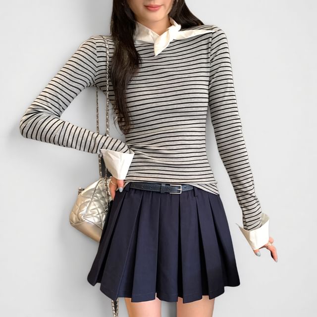 Asiris-Long-Sleeve Tie Neck Striped T-Shirt