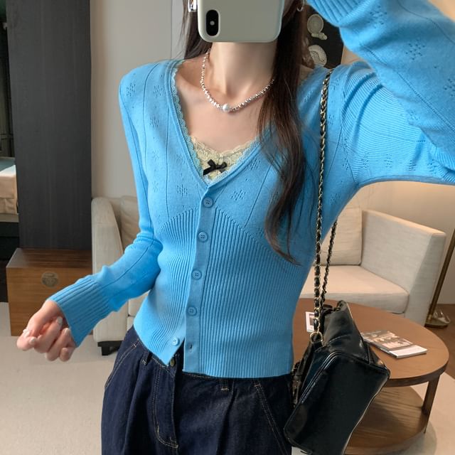 Asiris-Long-Sleeve V-Neck Button-Up Plain Knit Top