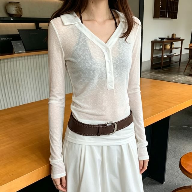 Asiris-Long-Sleeve V-Neck Henley Collared Sheer Plain Top