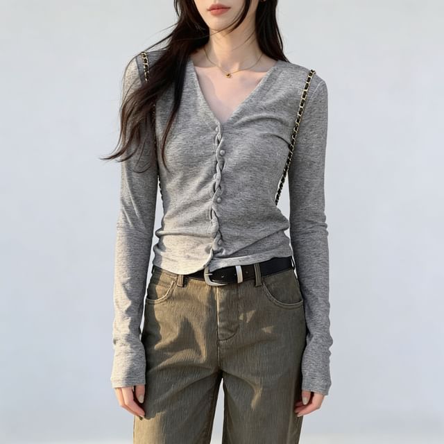 Asiris-Long Sleeve V-Neck Plain Button Top
