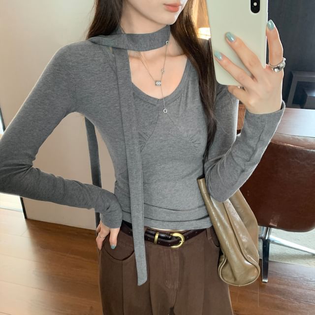 Asiris-Long Sleeve V-Neck Plain Gathered Top