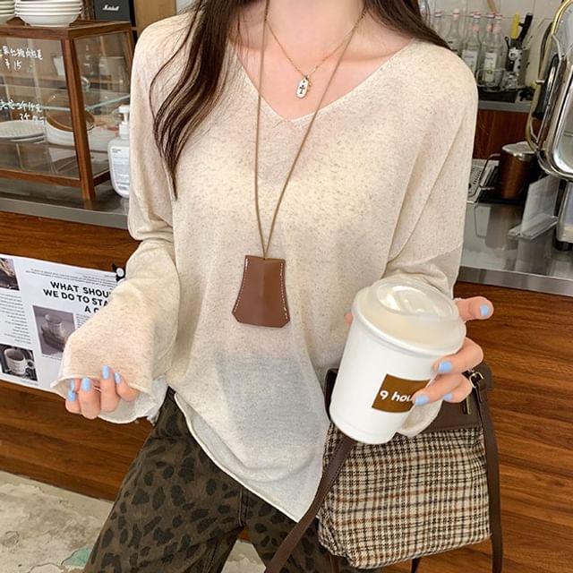 Asiris-Long Sleeve V-Neck Plain Knit Top