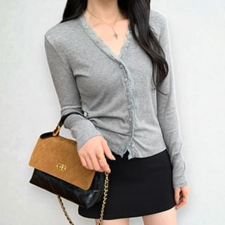 Asiris-Long Sleeve V-Neck Plain Lace Trim Button Top