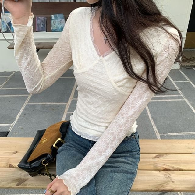 Asiris-Long-Sleeve V-Neck Plain Lace Trim Top