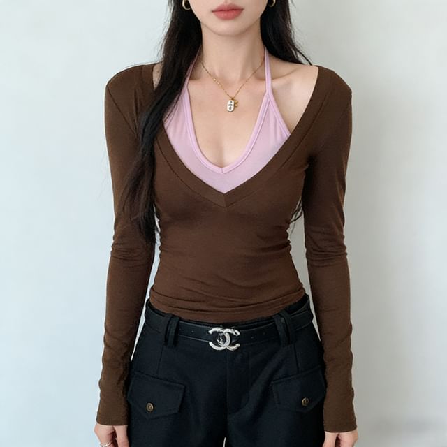 Asiris-Long-Sleeve V-Neck Plain Mock Two Piece T-Shirt