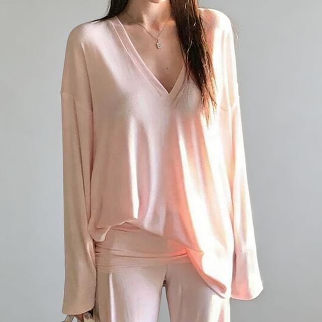 Asiris-Long-Sleeve V-Neck Plain T-Shirt