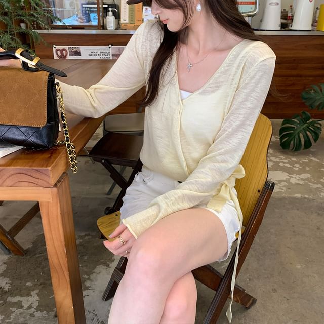 Asiris-Long Sleeve V-Neck Plain Tie-Up Knit Top