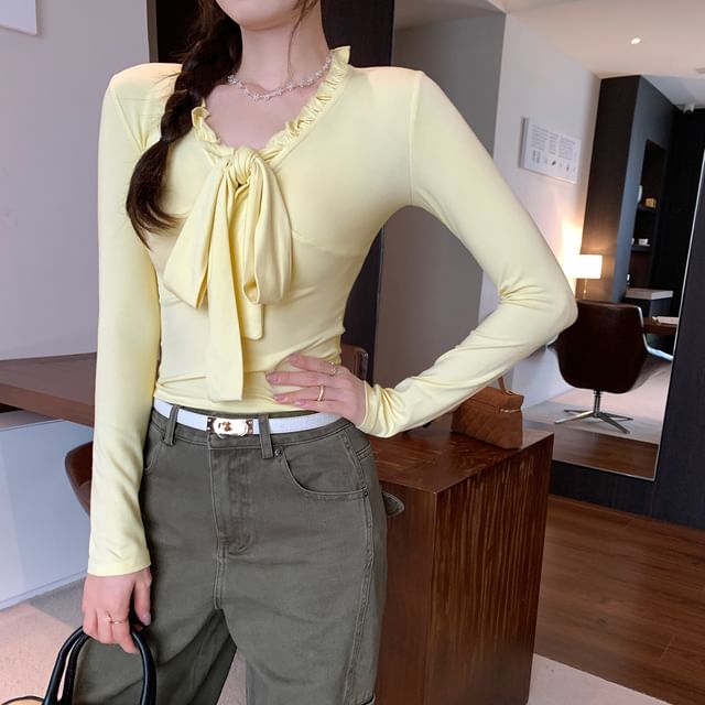 Asiris-Long Sleeve V-Neck Tie Front Ruffle Trim Top