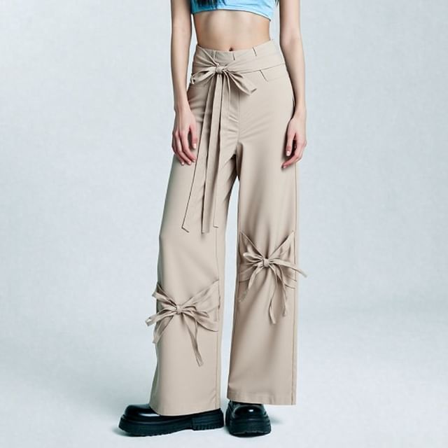 Asiris-Low Rise Plain Tie-Front Wide Leg Pants