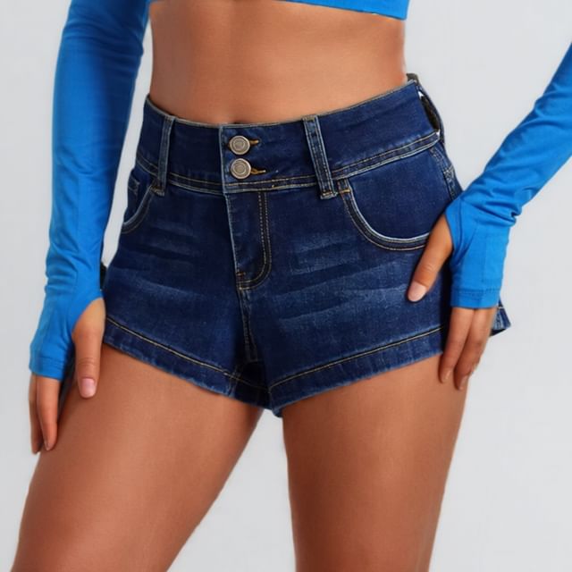 Asiris-Low Rise Washed Denim Hot Pants