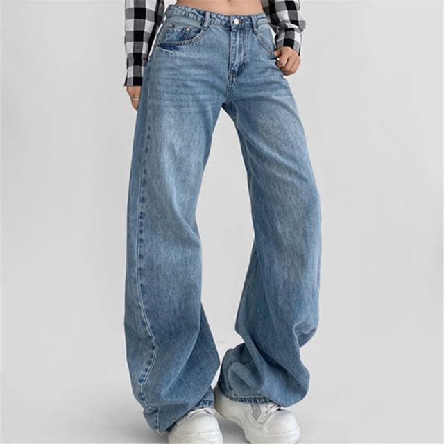 Asiris-Low Rise Washed Wide Leg Jeans