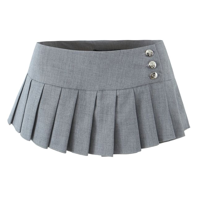 Asiris-Low Waist Plain Buttoned Pleated Mini A-Line Skirt