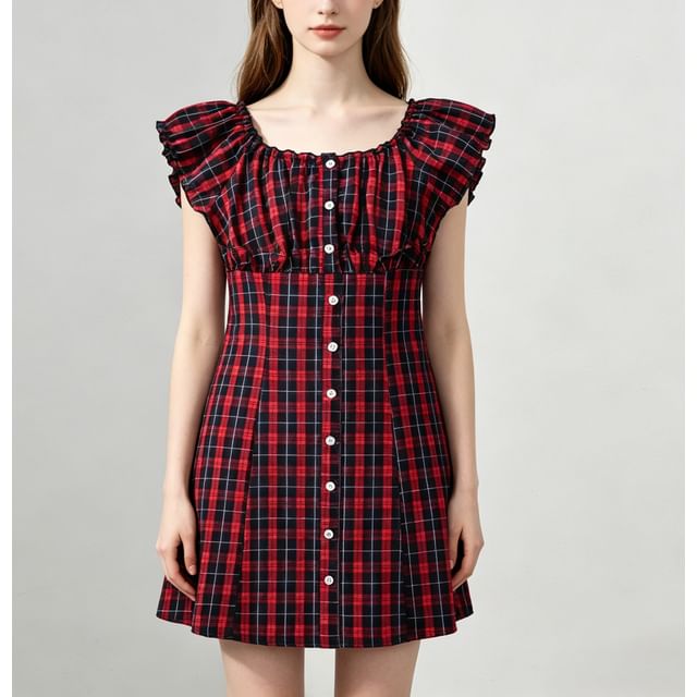 Asiris-M Cap-Sleeve Ruched Bust Tartan Check Button-Down Front Mini A-Line Dress