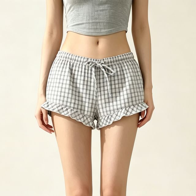 Asiris-Mid Rise Plaid Ruffle Trim Shorts