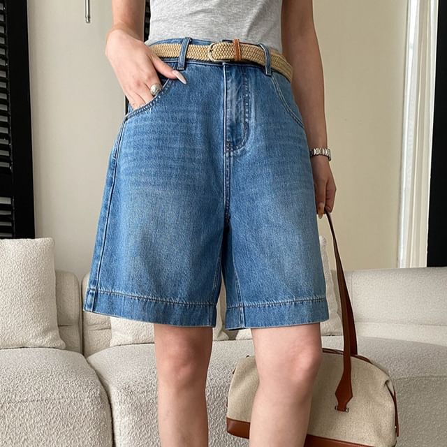 Asiris-Mid Waist Longline Denim Shorts