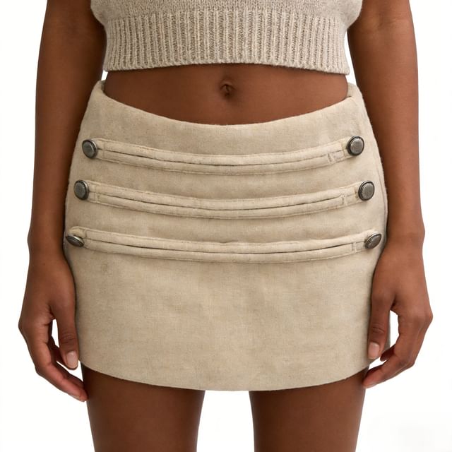 Asiris-Mid Waist Plain Button Detail Mini Pencil Skirt