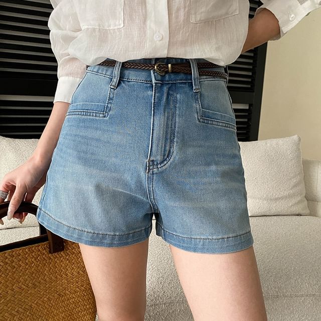 Asiris-Mid Waist Washed Denim Shorts