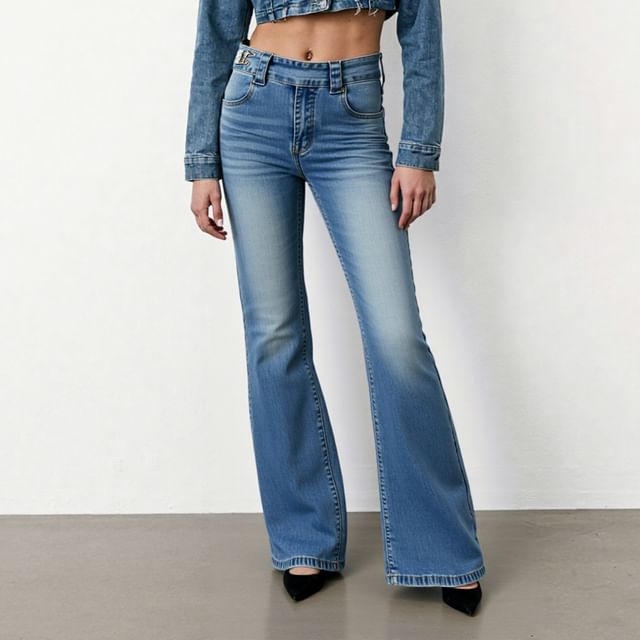 Asiris-Mid Waist Washed Flared Jeans