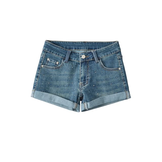 Asiris-Mid Waist Washed Rhinestone Denim Shorts