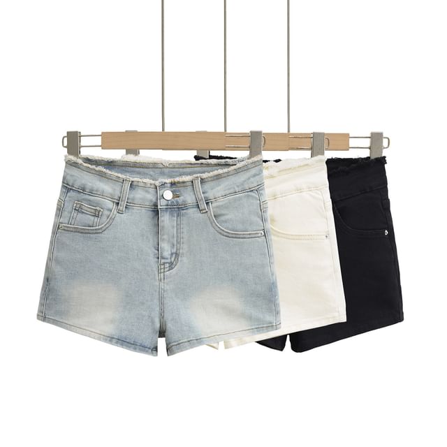 Asiris-Mid Waist Washed Tassel Trim Denim Shorts