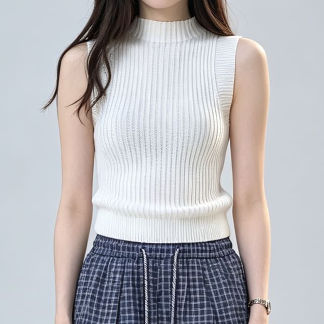 Asiris-Mock Neck Plain Knit Crop Tank Top