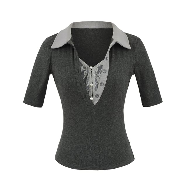 Asiris-Mock Two-Piece Elbow-Sleeve V-Neck Collared Lace Panel Crop T-Shirt