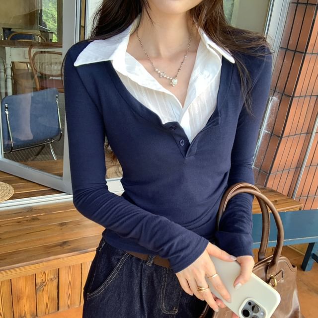 Asiris-Mock Two-Piece Long-Sleeve Collared Two Tone Ruched Slim Fit T-Shirt