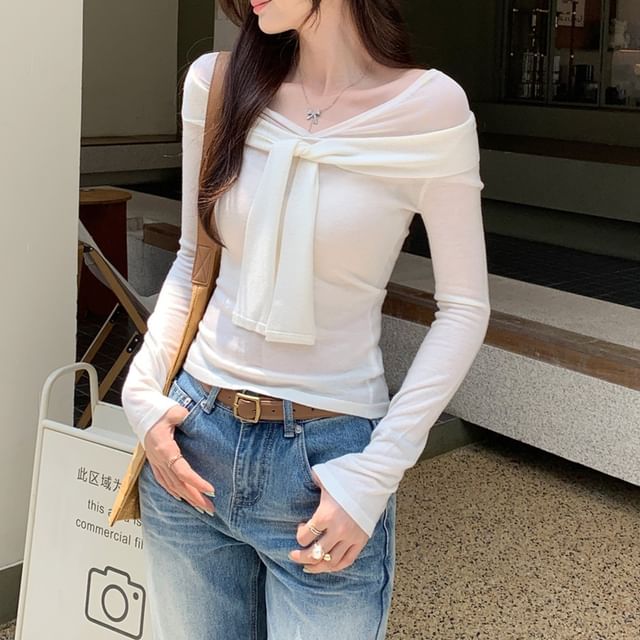 Asiris-Mock Two-Piece Long-Sleeve Knot Plain Top