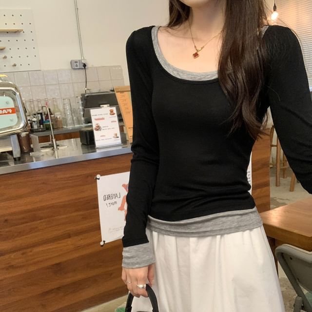 Asiris-Mock Two-Piece Long-Sleeve Scoop Neck Top