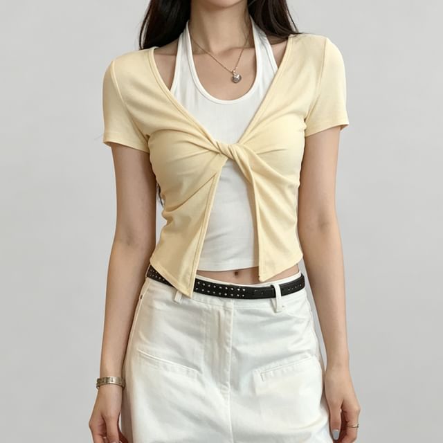 Asiris-Mock Two-Piece Short-Sleeve Halter Neck Two Tone Twisted Slit Crop Top