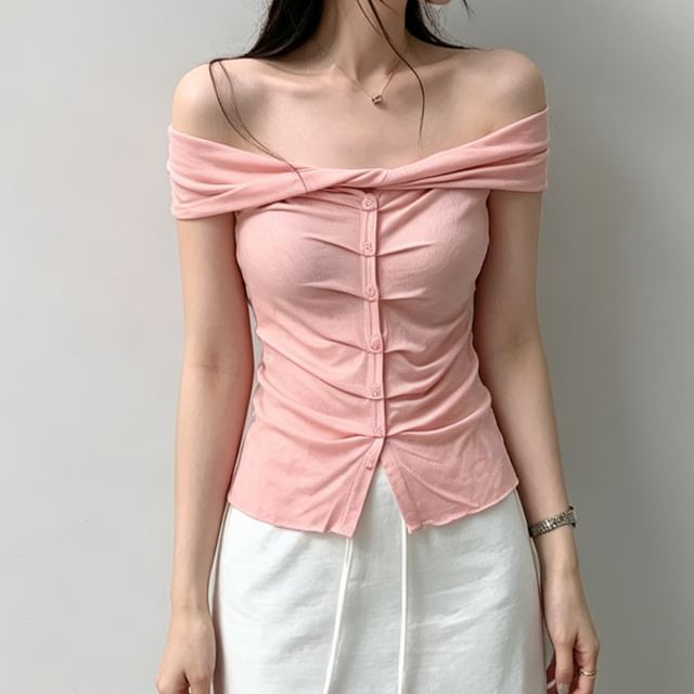 Asiris-Off-Shoulder Plain Cutout Twisted Ruched Crop Top
