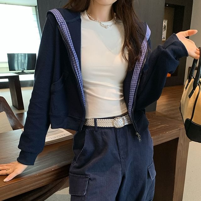 Asiris-Plaid Panel Zip-Up Crop Hoodie