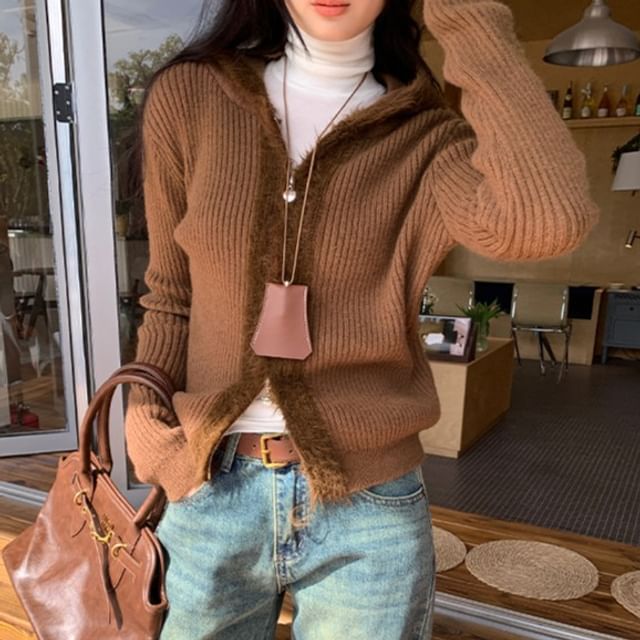 Asiris-Plain Hooded Ribbed Zip Cardigan