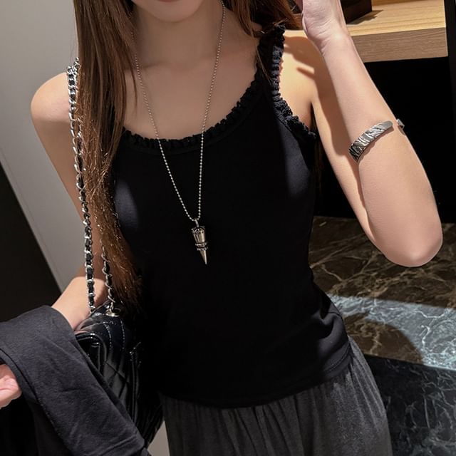 Asiris-Plain Lace Trim Ribbed Camisole Top