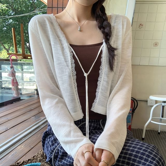 Asiris-Plain Lace Trim Tie Front Cardigan