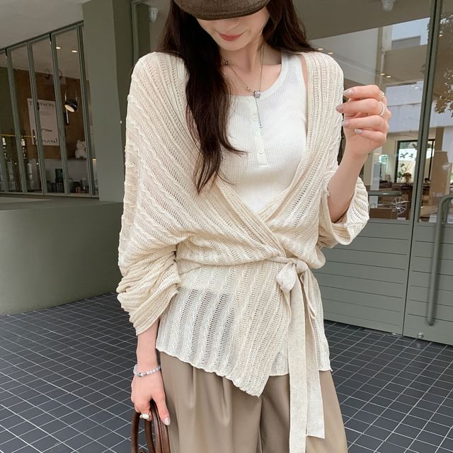 Asiris-Plain Perforated Tie Waist Cardigan