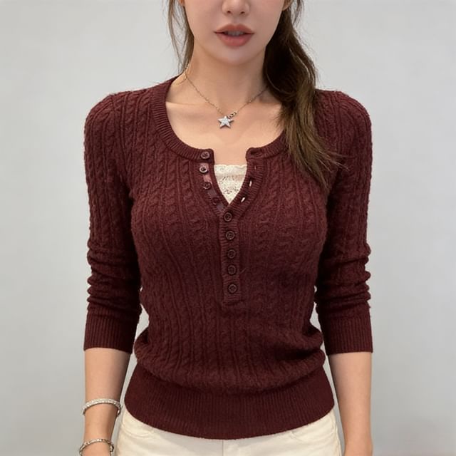 Asiris-Round Neck Henley Plain Cable Knit Sweater