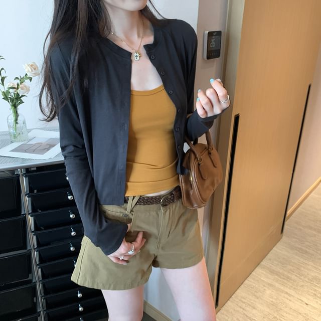Asiris-Round Neck Plain Crop Cardigan