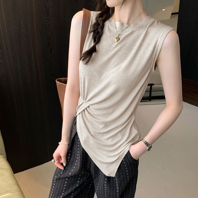 Asiris-Round Neck Plain Ruched Asymmetrical Tank Top
