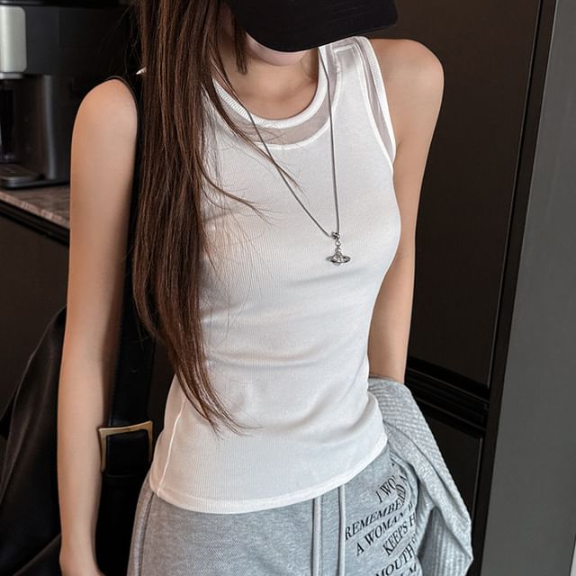 Asiris-Round Neck Sheer Panel Tank Top