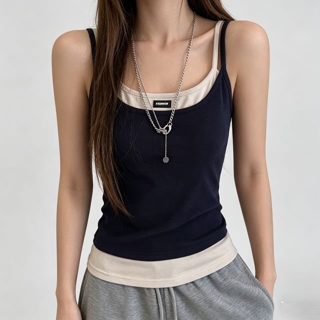 Asiris-Scoop Neck Mock Two Piece Camisole Top