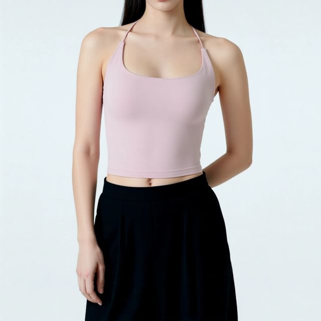 Asiris-Scoop Neck Plain Cropped Halter Top