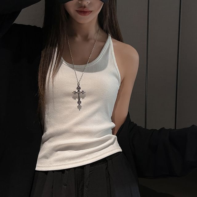 Asiris-Scoop Neck Plain Ribbed Tank Top