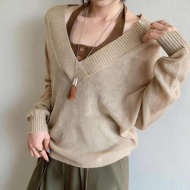 Asiris-Scoop Neck Two Tone Mock Two-Piece Sweater