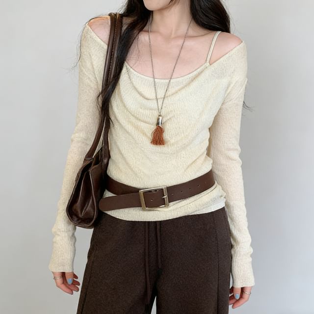 Asiris-Set Long-Sleeve Plain Knit Top Camisole Top