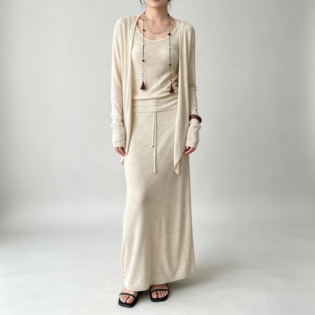 Asiris-Set Open Front Sheer Cardigan Scoop Neck Tank Top Drawstring Waist Slit Maxi Straight Skirt