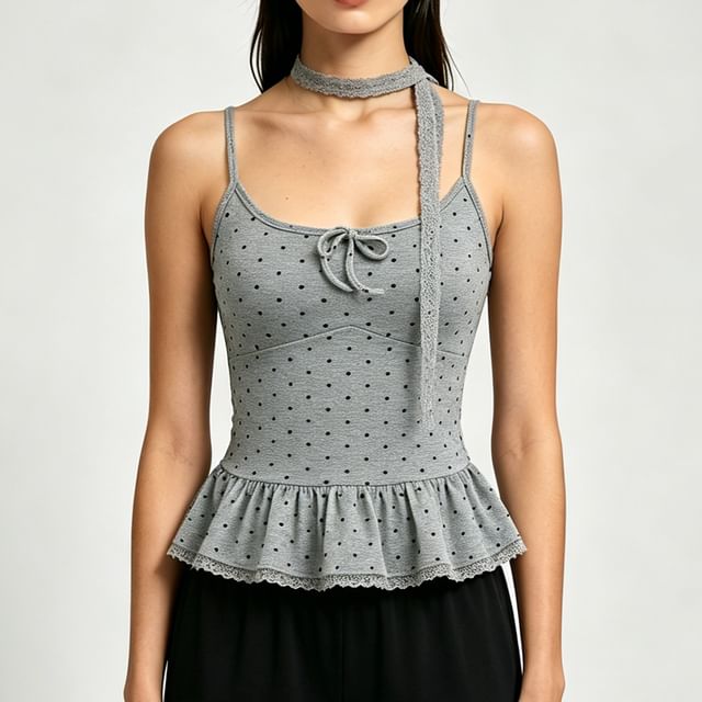 Asiris-Set Polka Dot Ruffle Camisole Top Twilly